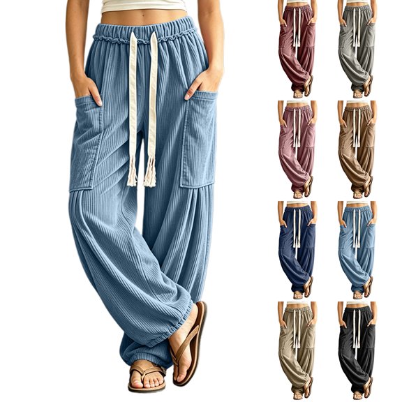 FRSASU Women's Corduroy Baggy Boho Harem Pants Drawstring Waist Wide Leg Sweatpants Casual Trousers Joggers with Pockets Wine-A