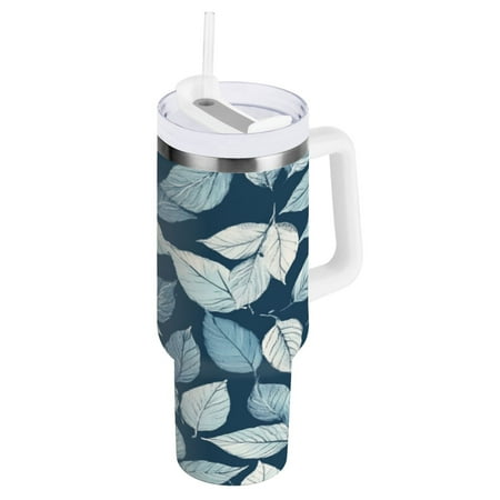 

30 Oz Car Handle Water Cup 9.9x3.5 Inch Stainless Steel Water Cup With Handle Water Cup Car Water Cup Travel Coffee Cup Pretty Blue Leaves