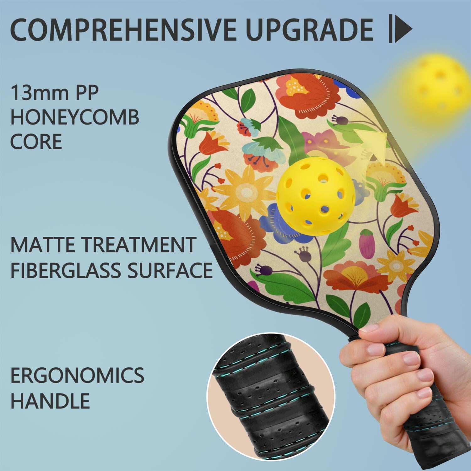 Pickleball Paddles Set Of 1, Fiberglass Surface, Vintage Floral Print, 1 Paddle, 2 Balls & Bag