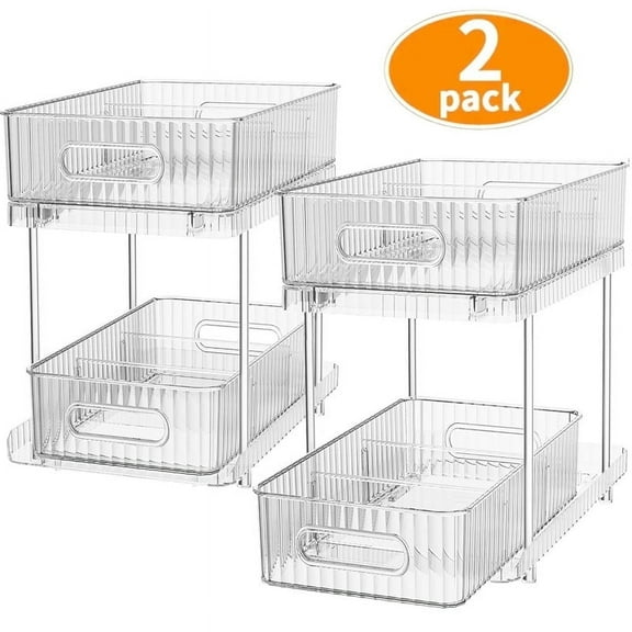 Kisportee 2 Pack Pull Out Bathroom Cabinet Under Sink Organizers and Storage, 2 Tier Clear Multi-Purpose Bathroom Kitchen Pantry Medicine Organization with Movable Dividers