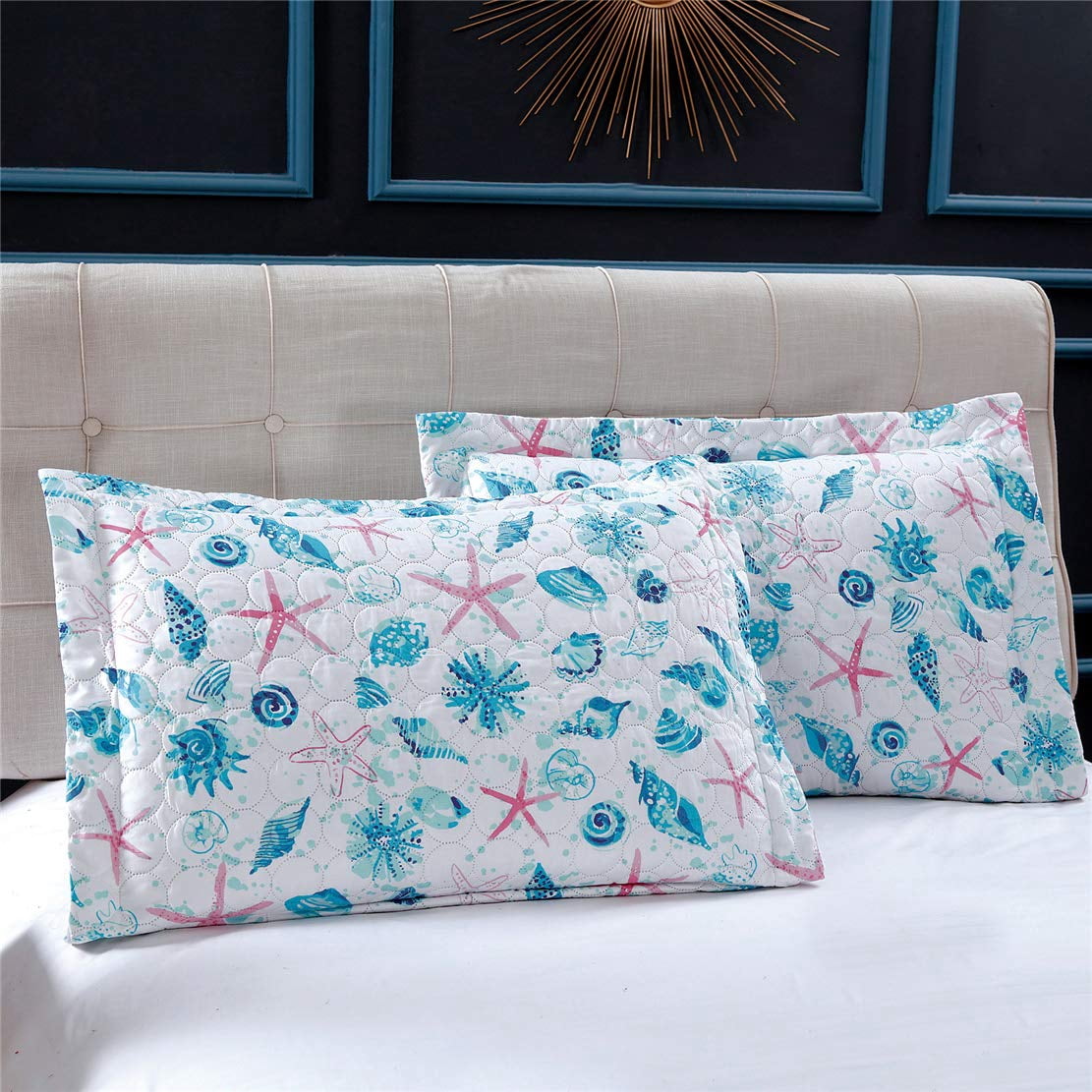 Smuge 3Pcs Queen/Full Size Seashell Bedding( 1 Microfiber Quilted Coverlet，2Pillow Shams), Blue