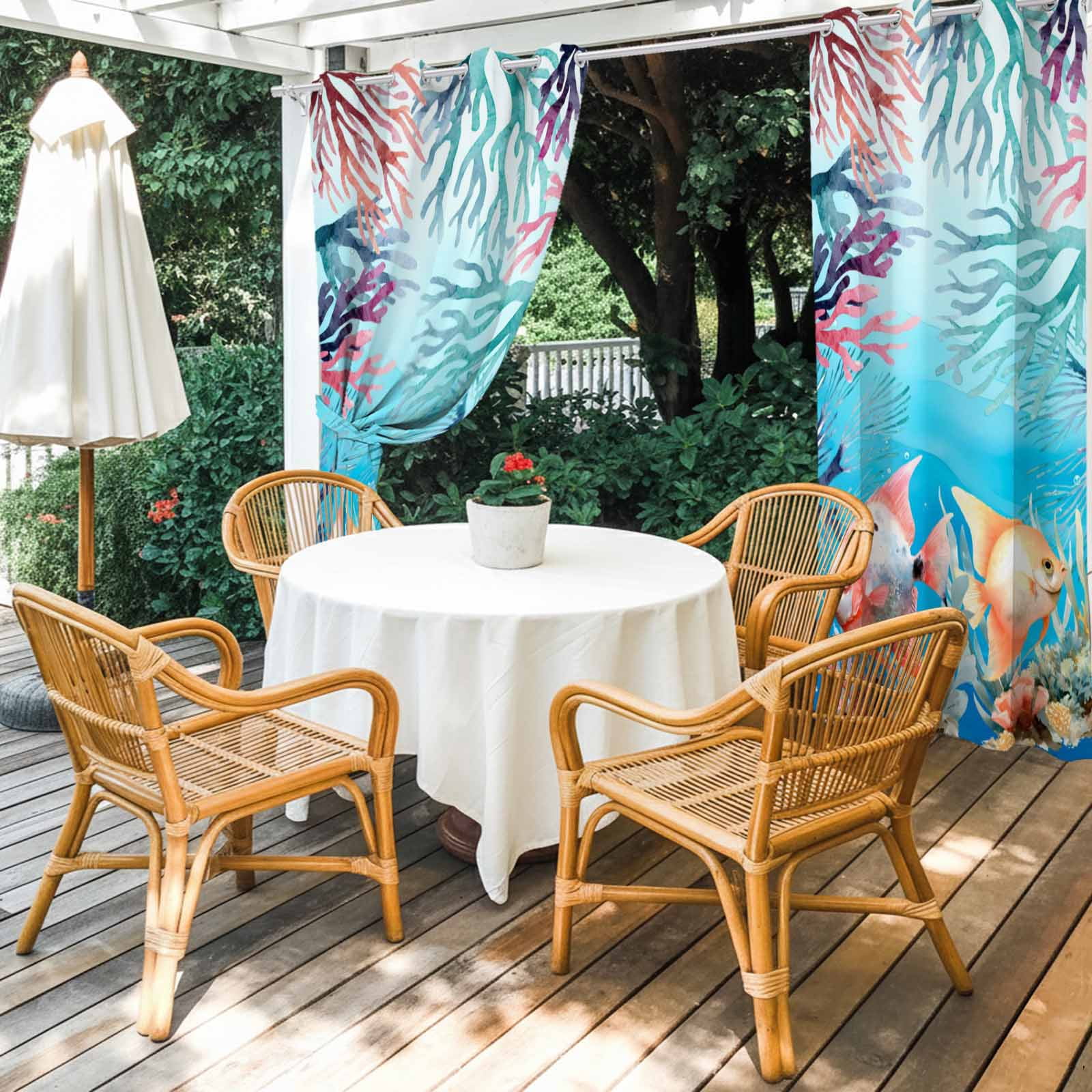Summer Fish Outdoor Curtains for Patio, Nautical Watercolor Orange Red Blue Marine Life Coral Seaweed Sunshade Privacy Drapes Grommet Waterproof Outside Curtains for Porch Balcony 54"x108", 1 Panel