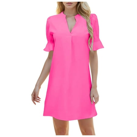 Blphud New Dresses for Women 2024 Dress for Women Summer New Solid Color V Neck Loose Pleated Five Sleeve Dress Woman Knee Length Dresses Summer Dresses for Women 2024 Hot Pink XXL