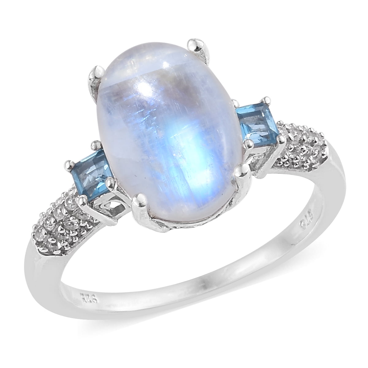 925 Sterling Silver Rectangle Cut Rainbow Moonstone Women Wedding Ring Jewelry 