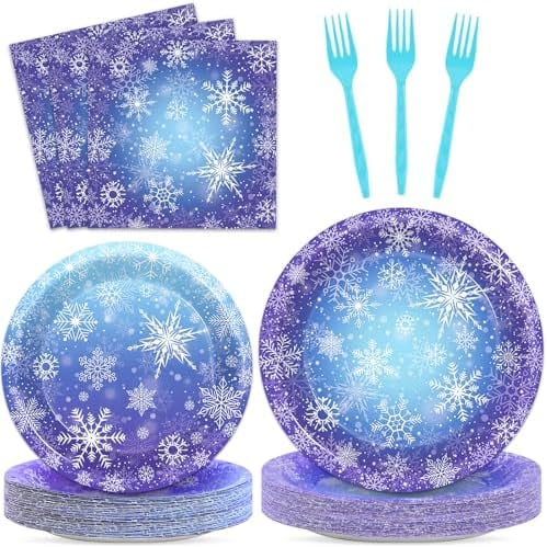 Winter Snowflake Party Plates Napkins Winter Wonderland Paper Plates Blue Purple Snowflake Party Disposable Dinnerware for Holiday New Year Birthday Supplies Serve 24$$Home Decor, Kitchen, & Other