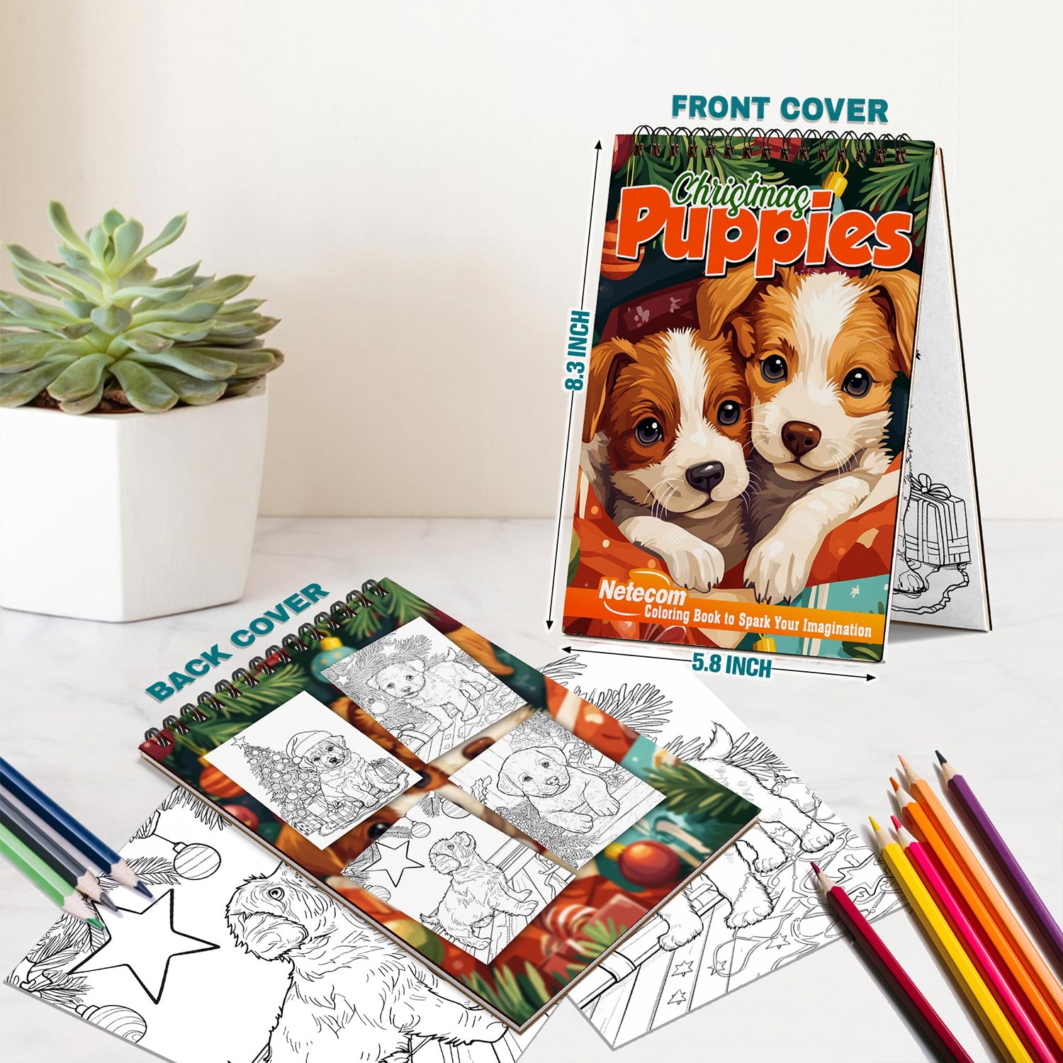 Netecom Christmas Puppies Coloring Book Spiral Bound for Adults, A5 Wooden Cover, 30 Xmas Theme Coloring Pages of Cute Dogs for Stress Relief and Relaxation