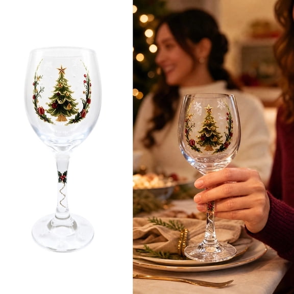 Christmas Tree Holiday Stemware 12oz, Wine Glass with Smooth 2D Print, Festive Xmas Party Table Decor & Hostess Gift for Wine Lovers & Family