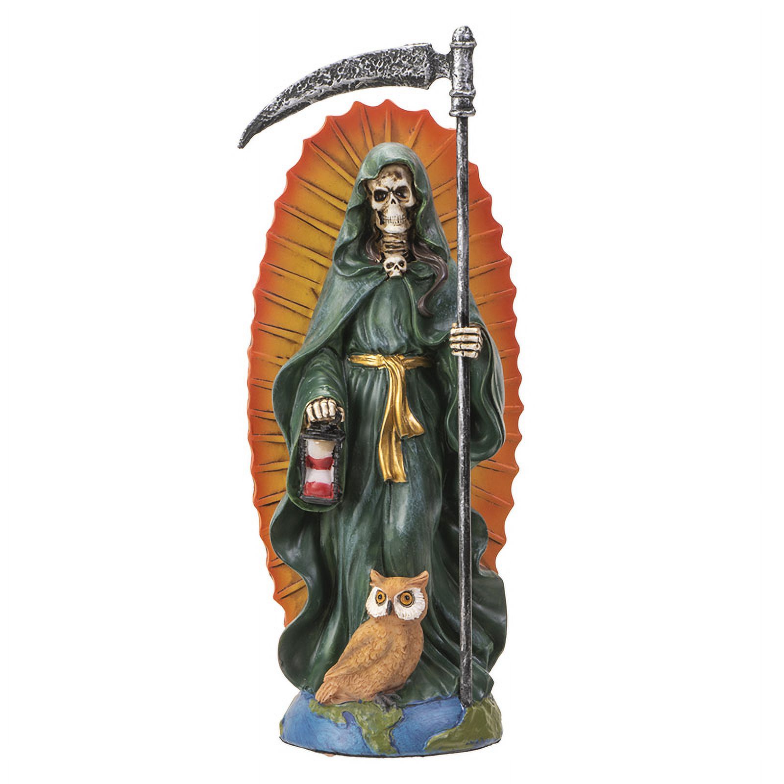 Standing Green Santa Muerte Skeleton With Scythe Hourglass And