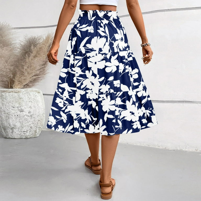 bbyeadc Blue Midi Skirts for Women Spring Tiered Elastic High