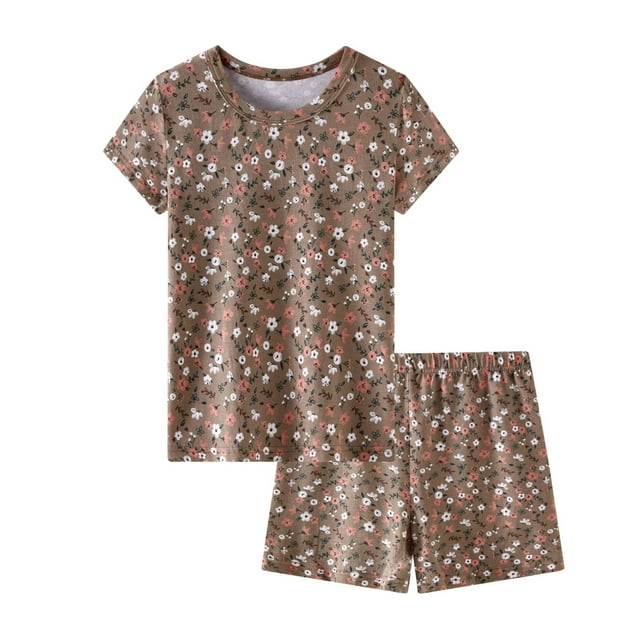 MIASHUI Pyjamas Rayés pour Enfants Garçons Filles Imprimé Dessin Animé Manches Courtes T-Shirts et Shorts, Café, 4-5 Ans