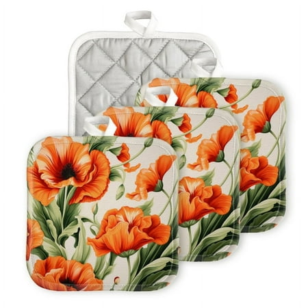 

Bahomeck Pot Holder 4Pcs Seamless Pattern With Orange Poppies In Full Bloom Square Heat Resistant Hot Pads For Kitchen Cooking Oven With Hanging Loop Potholder Easy To Store