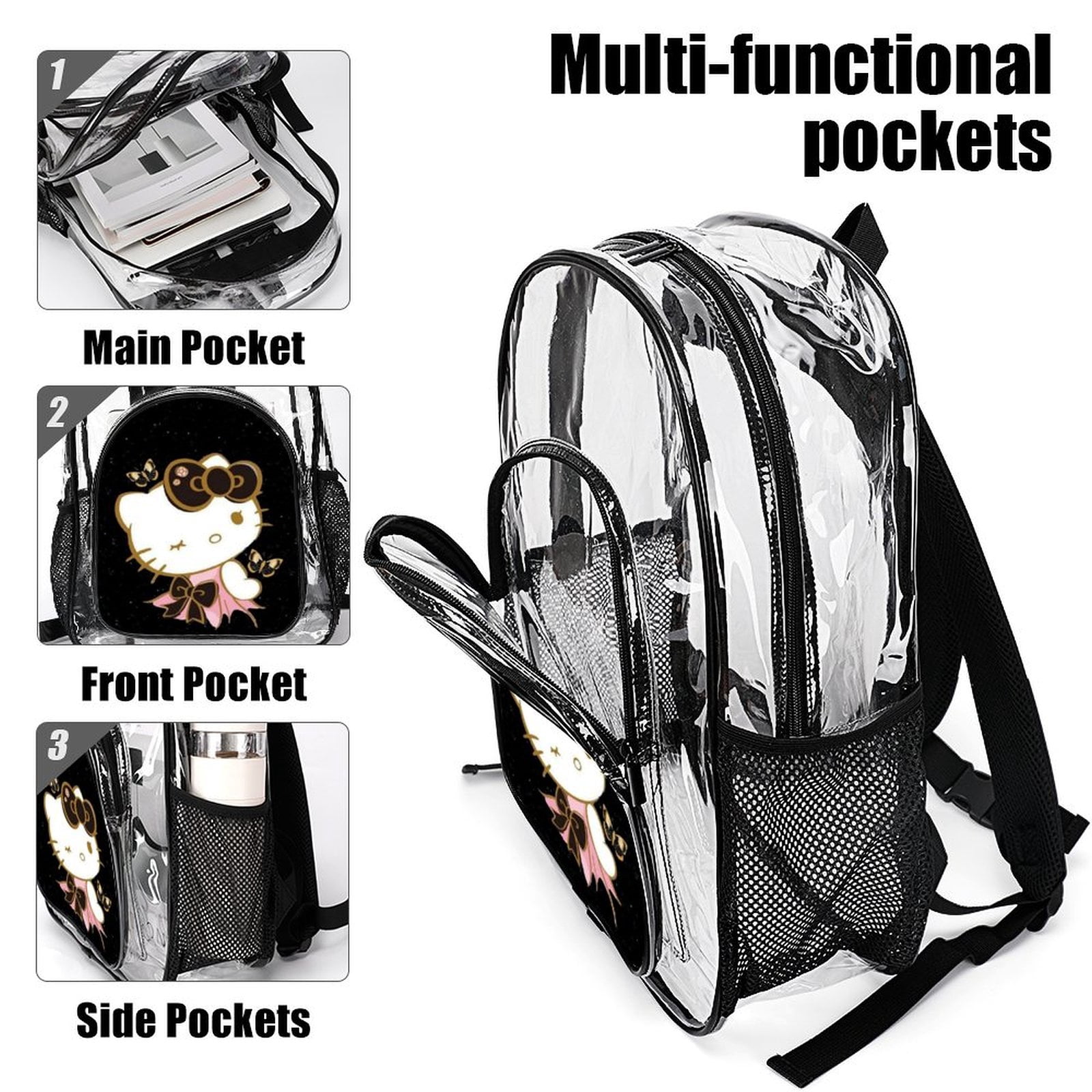 Hello Kitty Stylish Mesh & Transparent Clear Backpack  display picture 3