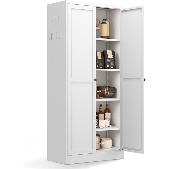 Metal Storage Cabinet with Doors and 4 Adjustable Shelves, 61" Tall Kitchen Pantry Cabinet, Steel Cupboard for Kitchen, Laundry Room, Home Office, Garage, Assembly Required (White)