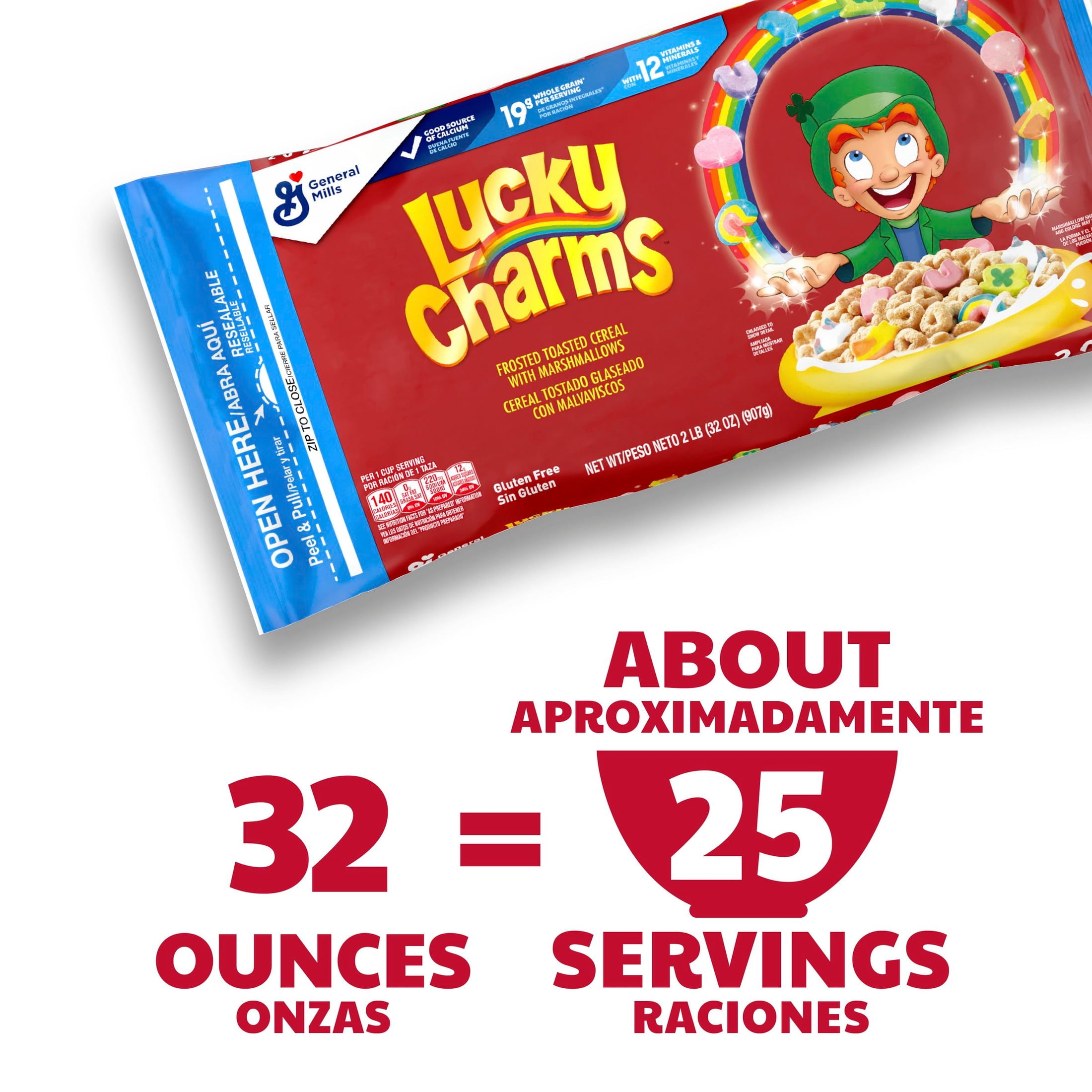 (6 pack) Lucky Charms Gluten Free Cereal with Marshmallows, Kids Breakfast Cereal Bag, 32 oz