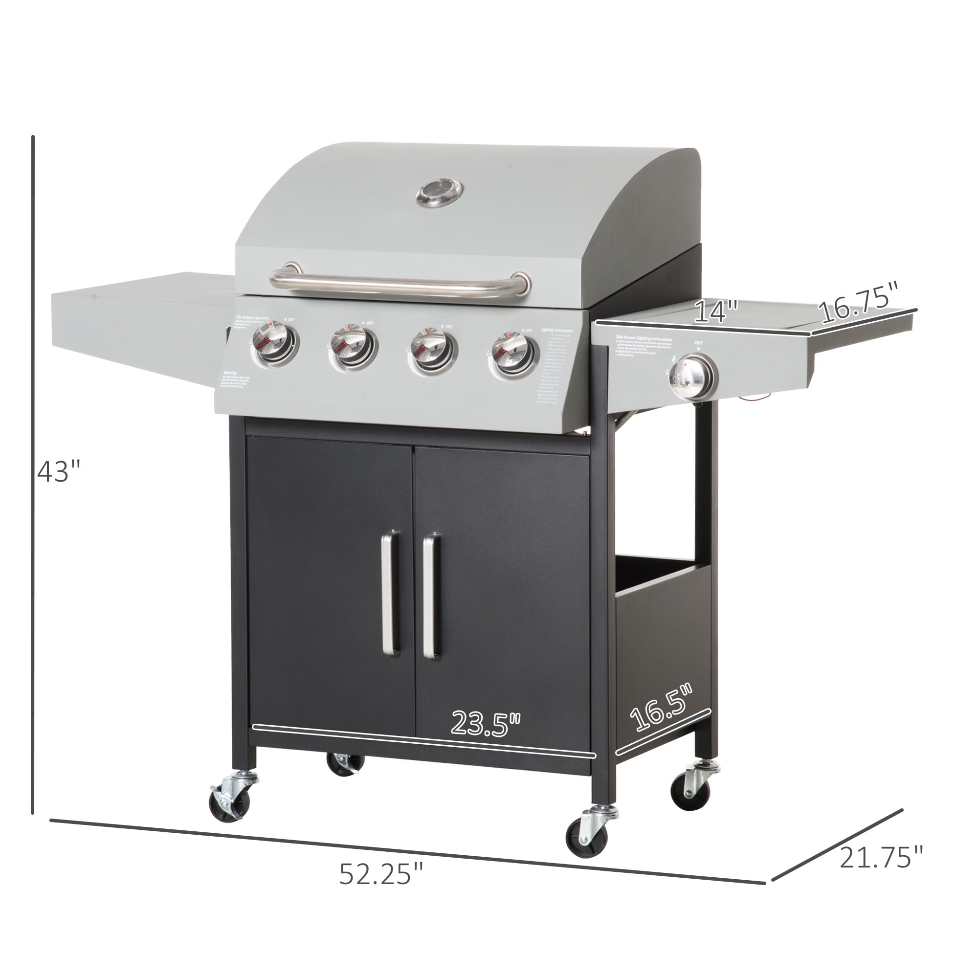Outsunny 4 Burner Propane Gas Grill with Side Burner, 50,000 BTU Steel Outdoor Barbecue, Wheels, Warming Rack, Shelf, Cabinet, Thermometer, Silver