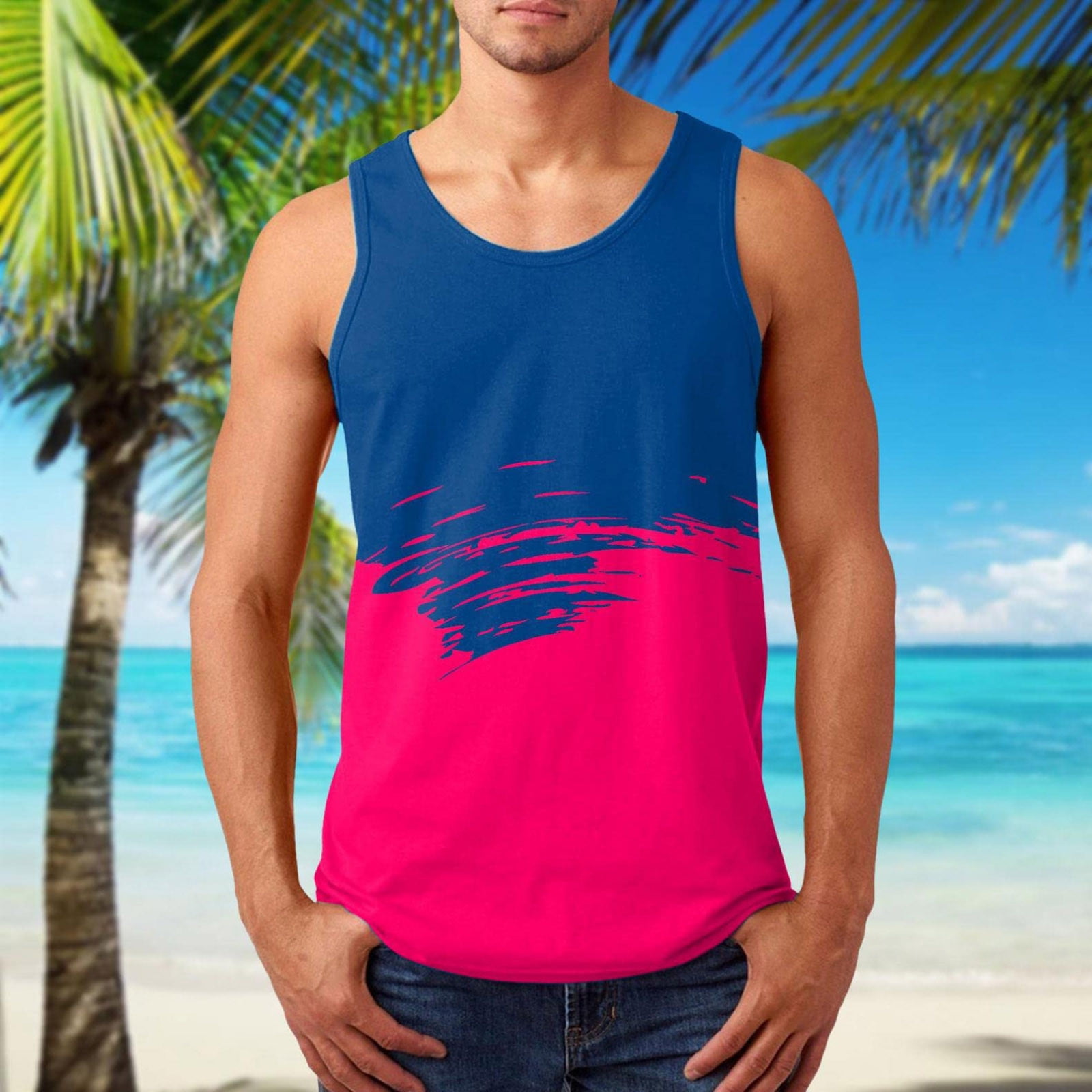 Cyzz Celler Mens Summer Surf Beach Tank Top Large Size Casual Breathable Loose Print Top Man Shirt Red XXL -