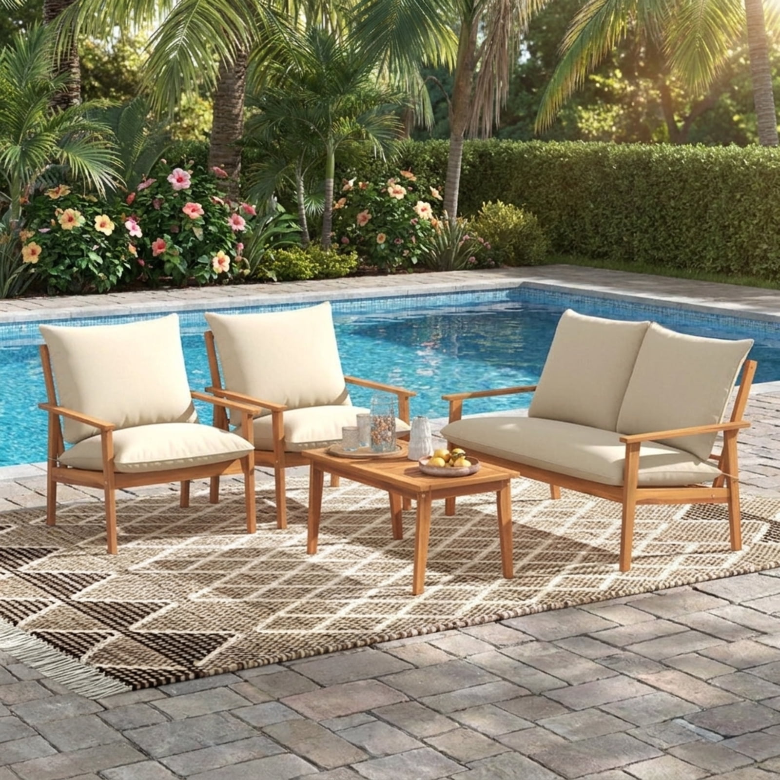 Biotree 4 Piece Outdoor Acacia Wood Conversation Set patio furniture set with soft cushions and coffee table for garden backyard and porch, White