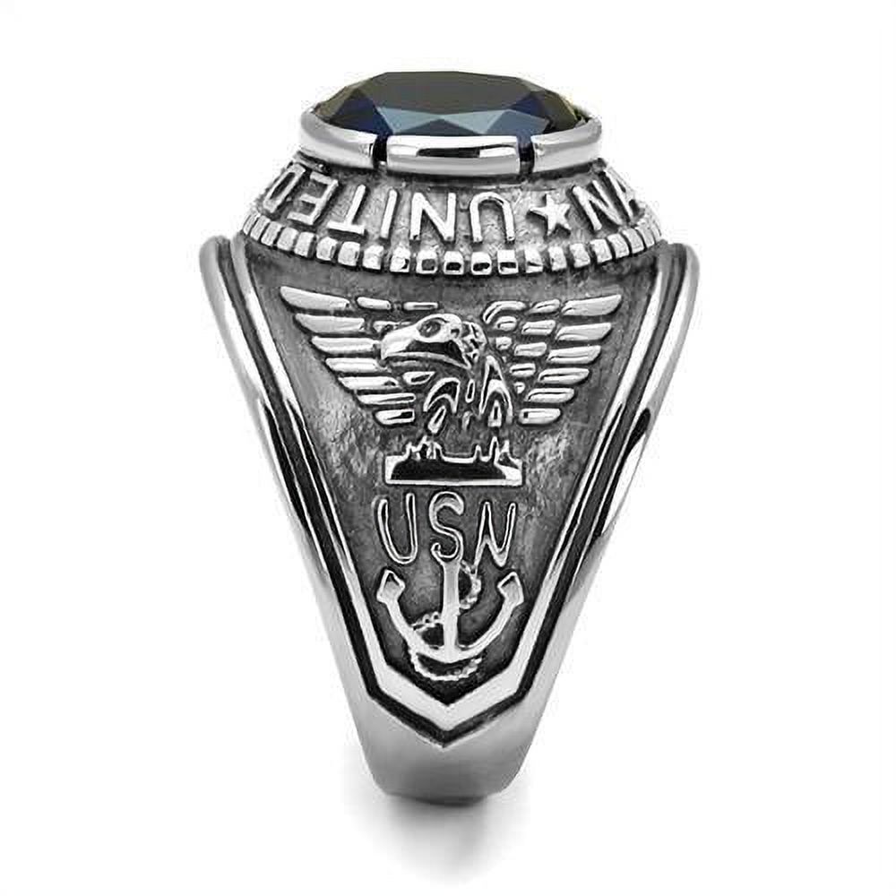 US Navy Ring for Men and Women Unisex Stainless Steel Military Patriotic Ring in Silver with Blue Stone