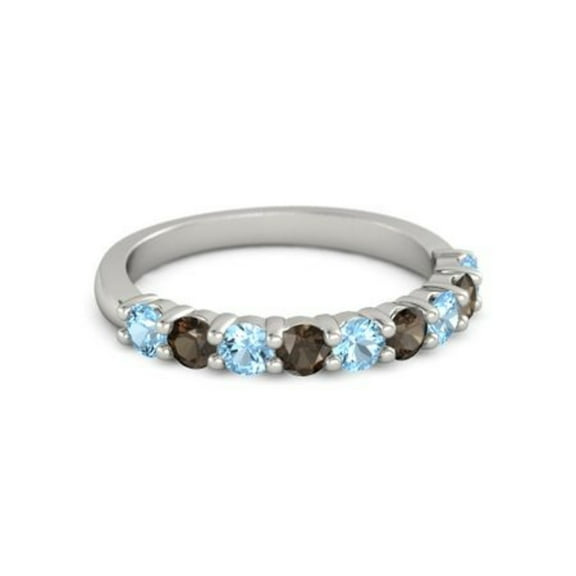 0.45ct Round Cut Blue Topaz Smoky Quartz Eternity Band Ring 925 Sterling Silver Thanksgiving Jewelry Size:- 4