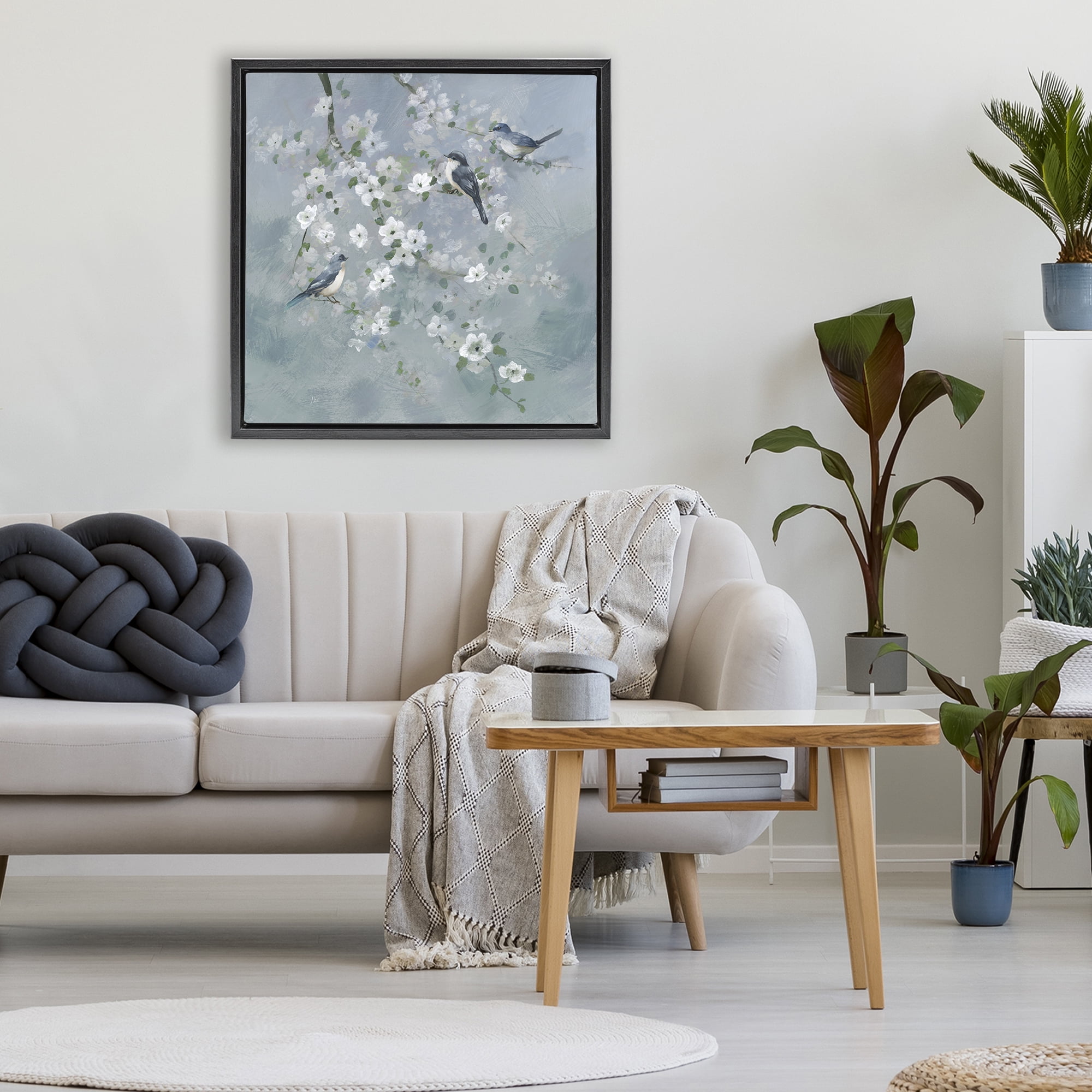 Stupell Industries Serene Birds on White Blooms Black Framed Floater Canvas Wall Art, design by Nan