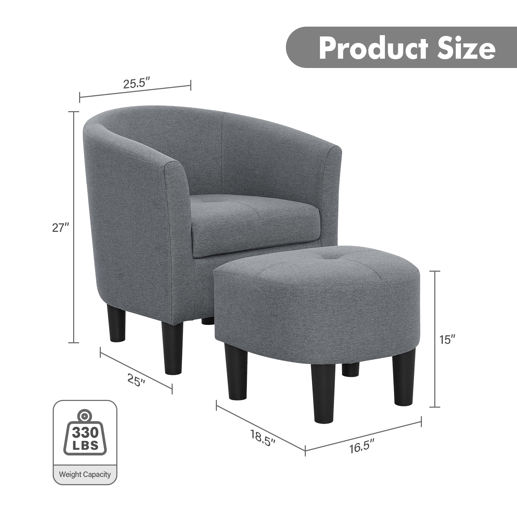 Aukfa Barrel Accent Chair with Ottoman & Arms, Modern Upholstered Chair for Bedroom/ Living Room, Gray