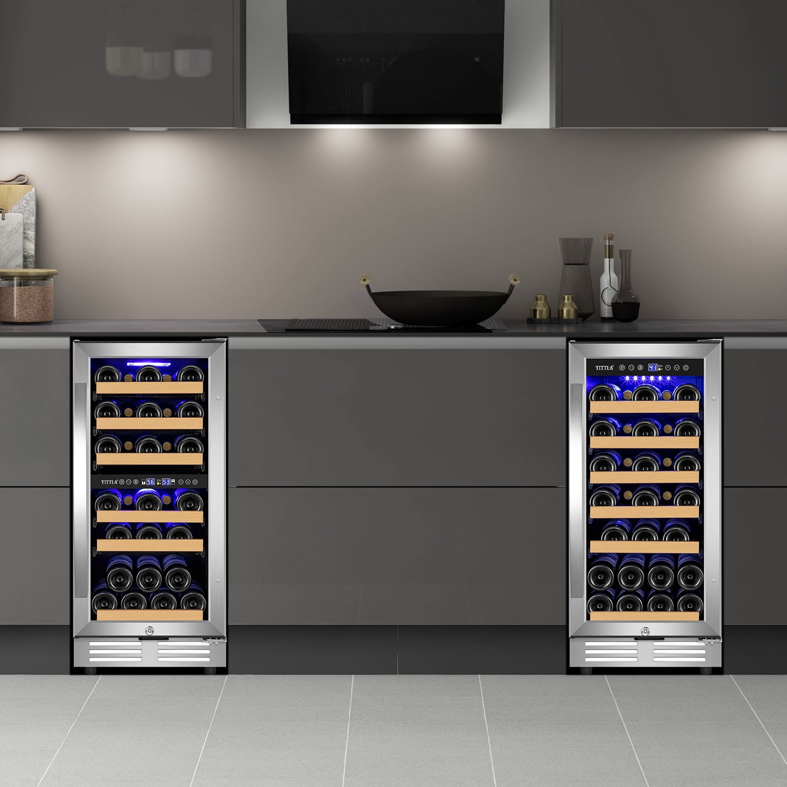 Tittla 15 Inch Dual Zone Wine Cooler and 15 Inch Single Zone Wine Cooler 60 Bottle with Upgraded Compressor Under Counter or Freestanding Low Noise