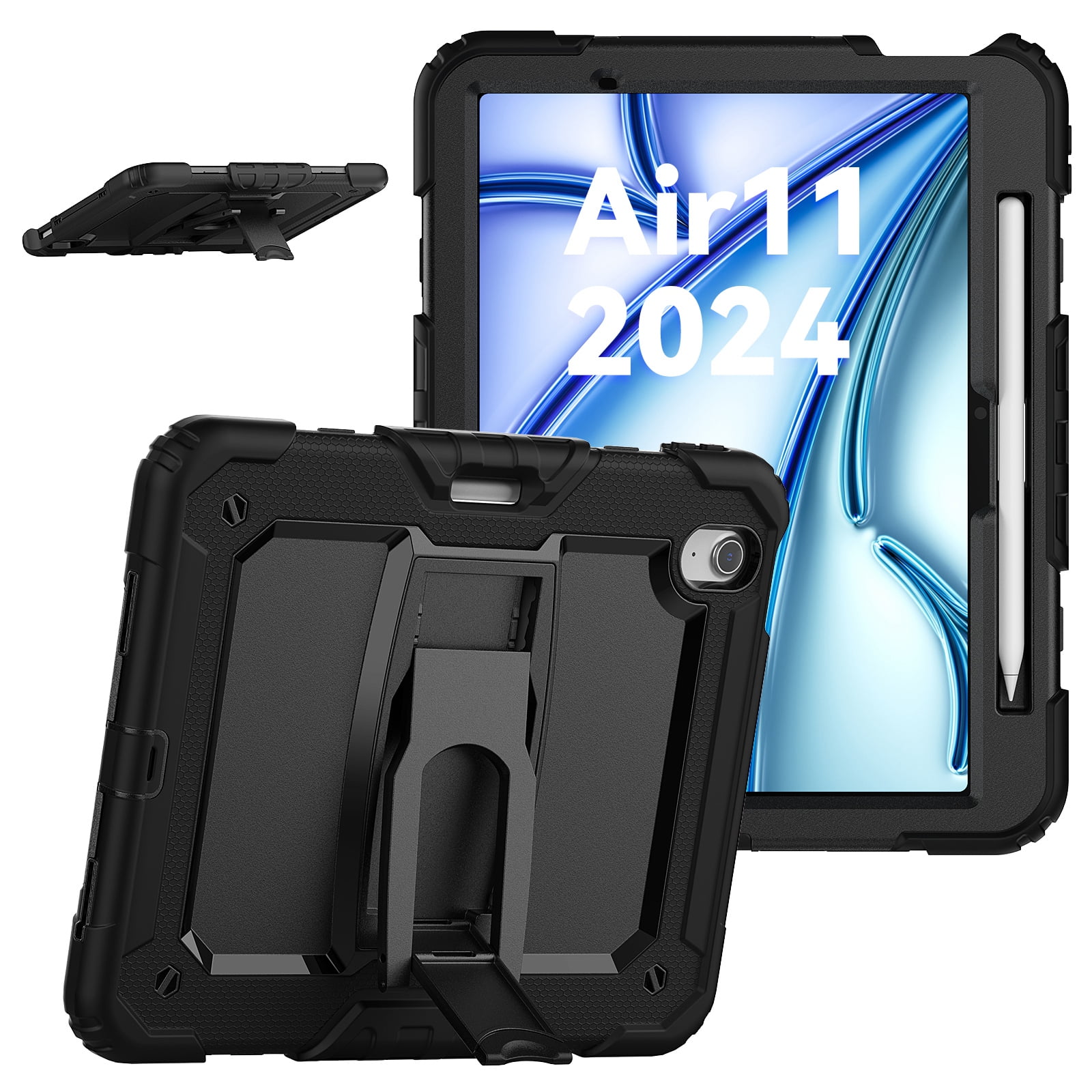 Dteck Built-in Screen Protector Case for iPad Air 11 inch 2025/2024 ,Heavy Duty Silicone Case Foldable Stand Cover Built-in Pencil Holder with Shoulder Strap for iPad Air 11-in. M3/M2,Black