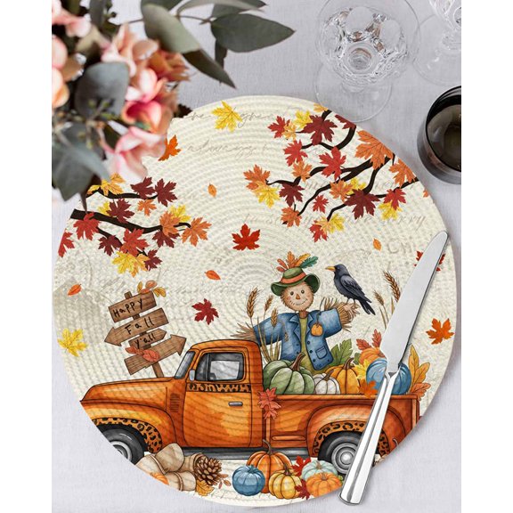 13 Inch Round Placemats Set of 4, Thanksgiving Non Slip Heat Insulation PP Table Mats, Fall Scarecrows Maple Leaf Truck Beige Washable Place Mats for Kitchen Dining Party Table Decor