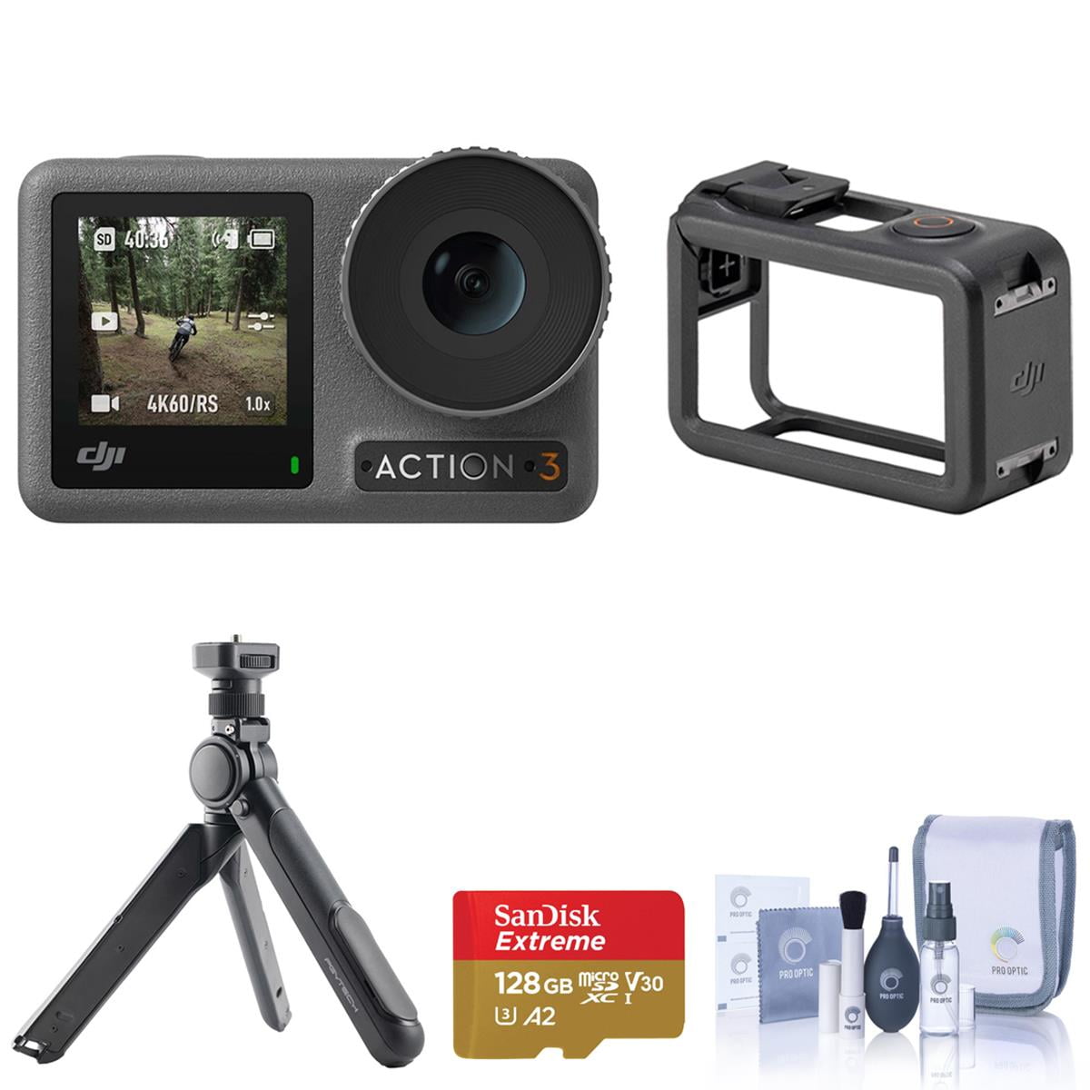 DJI DJI Osmo Action 4 Camera Standard Combo Bundle with Tripod, Complete Optics Care and Cleaning Kit, 128GB UHS-I U3 microSDXC Memory Card with SD Adapter