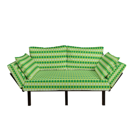 Abstract Green Futon Couch  Monochrome Geometric Pattern with Diagonal Square Check  Daybed with Metal Frame Upholstered Sofa for Living Dorm  Loveseat  Green Almond Green  by Ambesonne