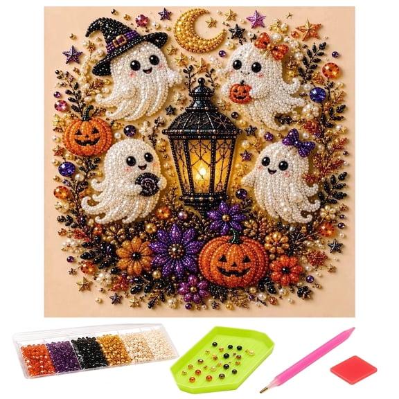 Halloween Ghost Pearl Art DIY Kit, Cute Ghost 3D Diamond Painting Crafts for Adults, Beginner DIY Fall Home Decor Wall Art, Seasonal Halloween Party Gift-Ghost Style