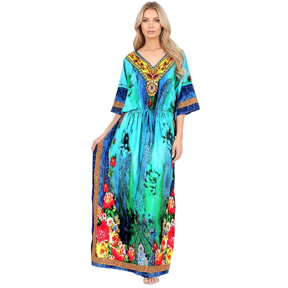 HAPPY BAY Women's Summer African Beach Maxi Slit Dresses Caftan Loungewear Dashiki Print Casual Cover up Caftans for Women 2X-3X Aqua, Water Blossom
