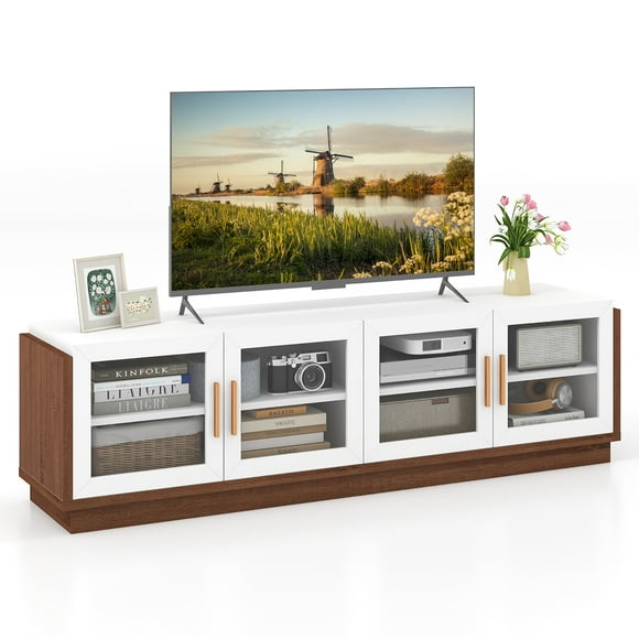 Gymax Large TV Stand for TVs up to 75'' Console Table w/ 4 Tempered Glass Doors Brown & White