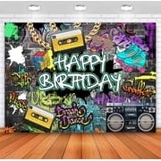 Graffiti 80's 90's Birthday Backdrop Urban Retro Hip Hop Birthday Party Background Gold Chain Glasses Cartridge Tape Recorder Disc Rock Birthday Decoration Banner Photo Booth Props