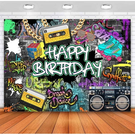 Graffiti 80's 90's Birthday Backdrop Urban Retro Hip Hop Birthday Party Background Gold Chain Glasses Cartridge Tape Recorder Disc Rock Birthday Decoration Banner Photo Booth Props