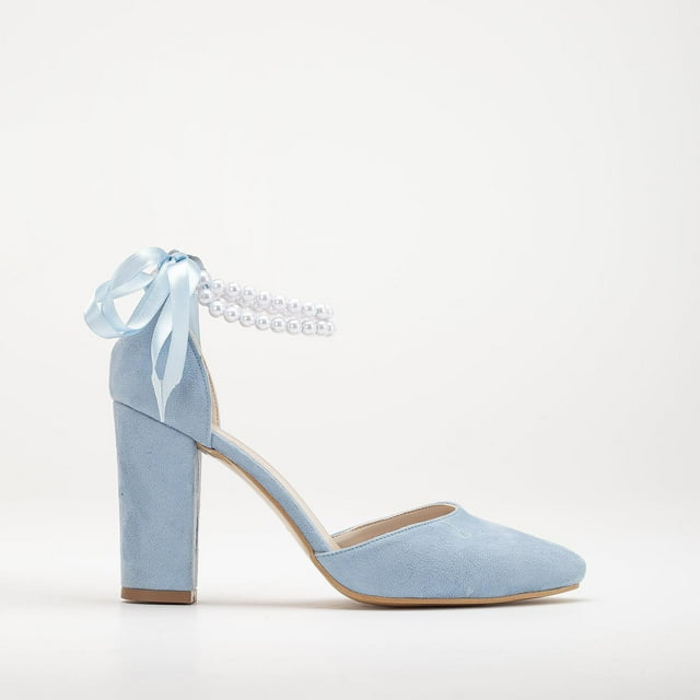 Denise - Tacones de novia de ante azul bebé con perlas azul cielo 8.5