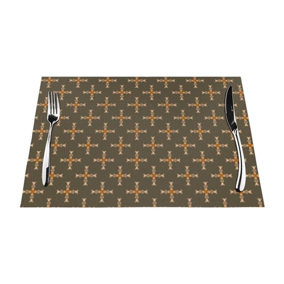 YFYANG Washable Heat-Resistant Placemats, 70% PVC/30% Polyester, Brown Vintage Floral Pattern Kitchen Table Mat, 12" x 18" 6 Piece