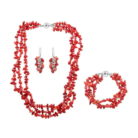 Handmade Red Coral Beaded Costume Jewelry Set for Women Seed Bead Necklace Bracelet Earrings Size 8" & 20" Birthday Christmas Gifts for Women