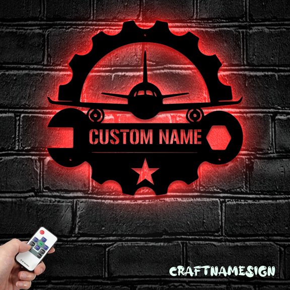 Craftnamesign Custom Airplane Mechanic Metal Wall Art LED Light, Aircraft Repair Service Sign