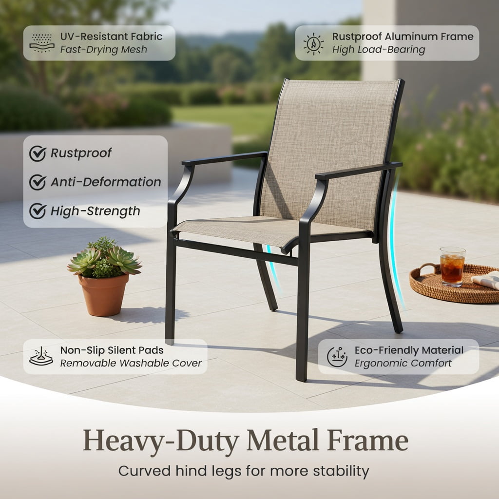 Hommoo 2-Pack Large Outdoor Dining Chairs, Breathable Mesh Seat, Rustproof Metal Frame, Patio Chairs for Deck, Backyard, Balcony, Coffee