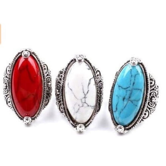 Opolski Women Boho Knuckle Rings Vintage Oval Turquoise Antique Silver Plated Carving Ring Jewelry Exquisite Finger Rings Jewelry for Party Banquet