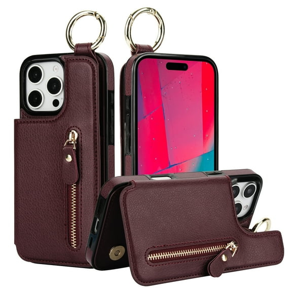 TECH CIRCLE for iPhone 16 Pro Max Zipper Pocket Case with Card Holder & Finger Ring, PU Leather Wallet Case Card Slot Magnetic Closure Kickstand Shockproof Protective Women Men Cover,Jujubered