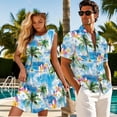 thumbnail image 3 of Jeiento Beach Coconut Tree Couples Vacation Outfits Matching Sets Womens Summer Dresses Mens Button Down Short Sleeve Shirt Beach Vacation Tiered Short Dresses, 3 of 6
