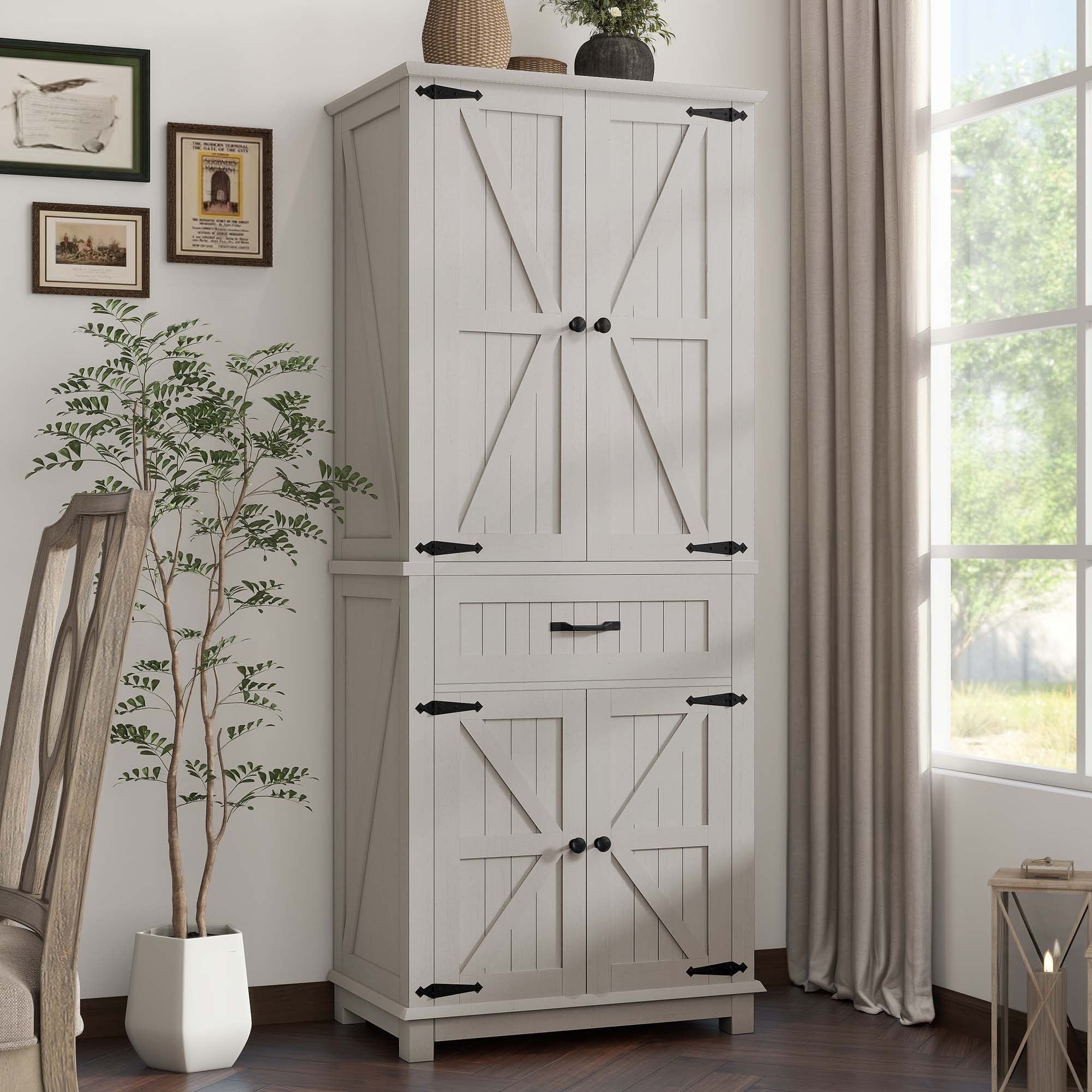 ModFusion 72" Kitchen Pantry Storage Cabinet with Large Drawer, Adjustable Shelf, Farmhouse Magnetic Doors, Corner Cupboard 1.3×2.5×6 ft Food Buffet, White Oak