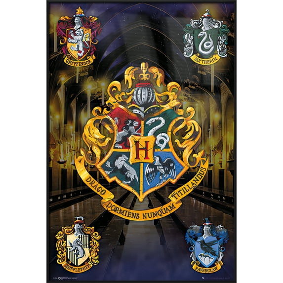 Harry Potter - Framed Movie Poster / Print (Hogwarts House Crests) (Size: 24" x 36") (Matte Black Plastic Frame)
