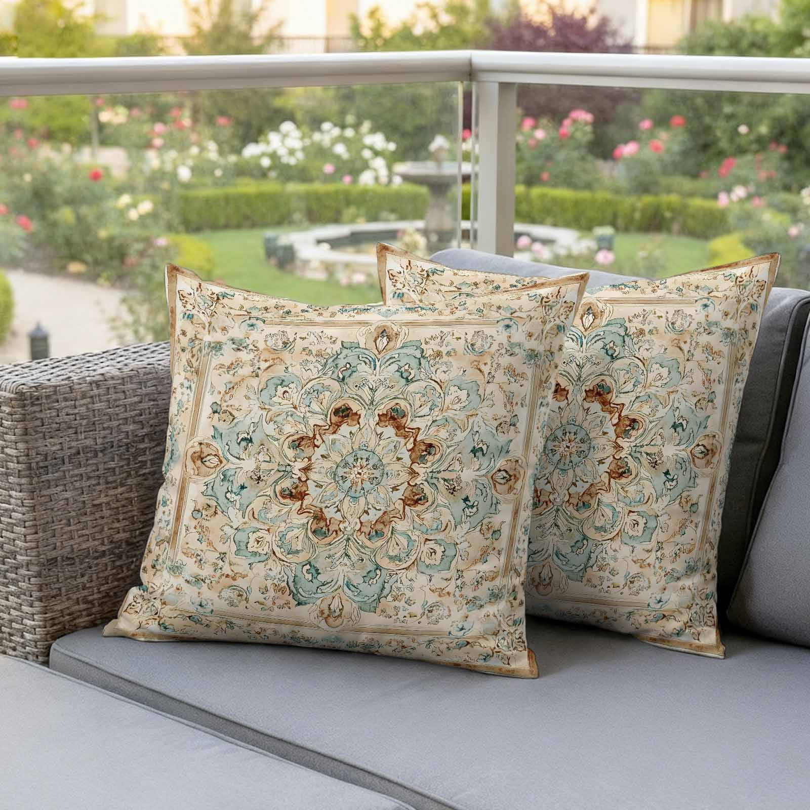 Sage Green Orange Floral Outdoor Waterproof Pillow Covers, Boho Vintage Botanical Ethnic Decorative Square Throw Pillowcase Sofa Cushion Sham for Patio/Couch/Chair, 16"x16" 2 Pack