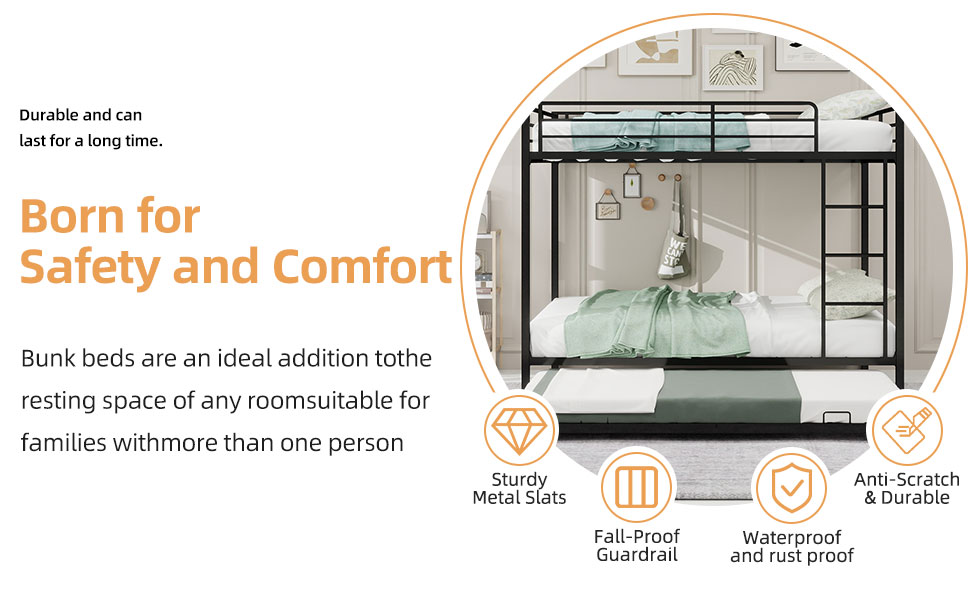 Bunk Bed with Trundle, Full Over Full Bunk Bed - Square Tube Iron Frame with Safety Rails and Rolling Trundle, Multi-Level Sleeping System for Family or Dorm, Easy Assembly, Black