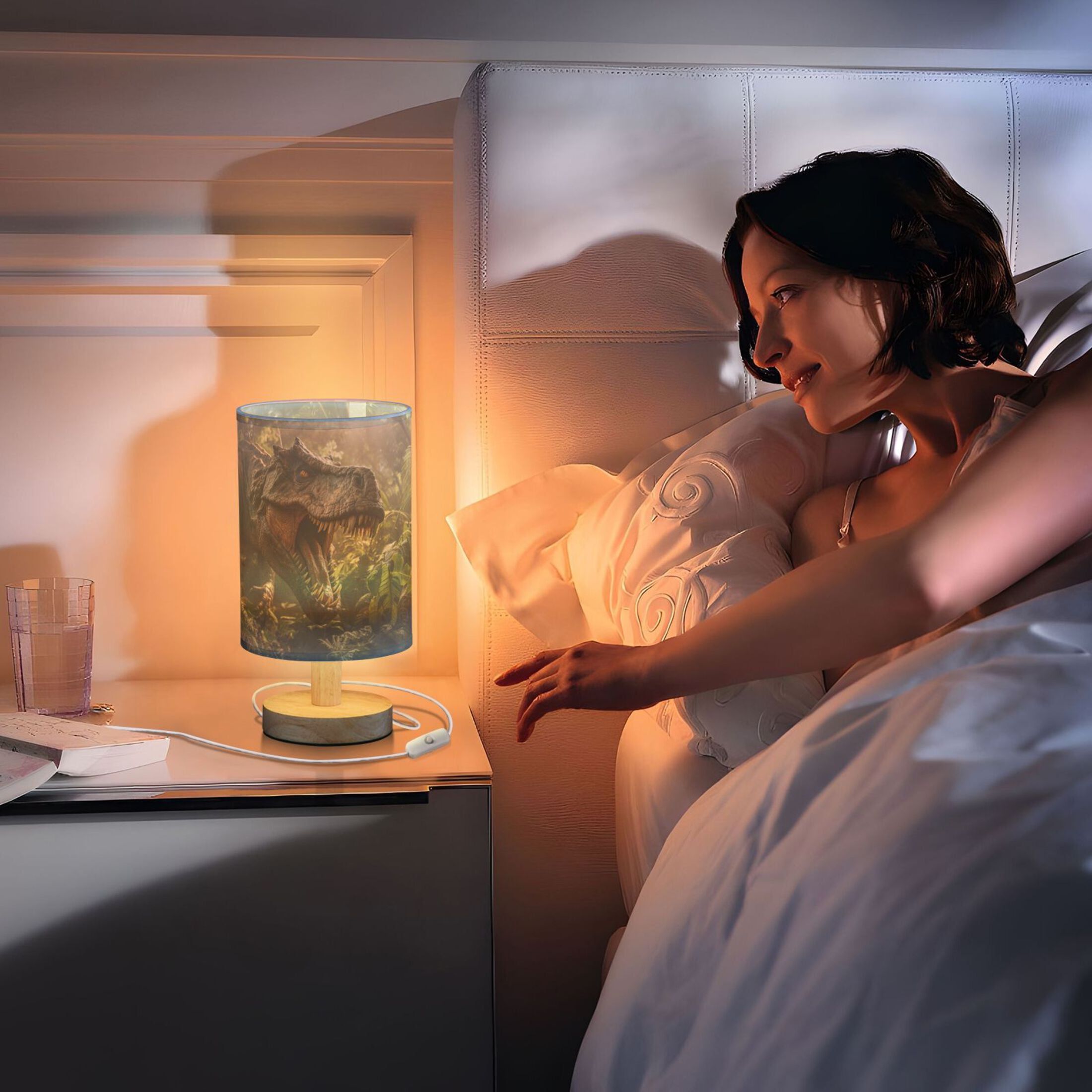 Dinosaur Leaves Trees Sunlight Table Lamp USB Bedside Desk Nightstand Lamp Printed Gifts Small Lamp Wood Base for Bedroom Living Room Kids Room College Dorm