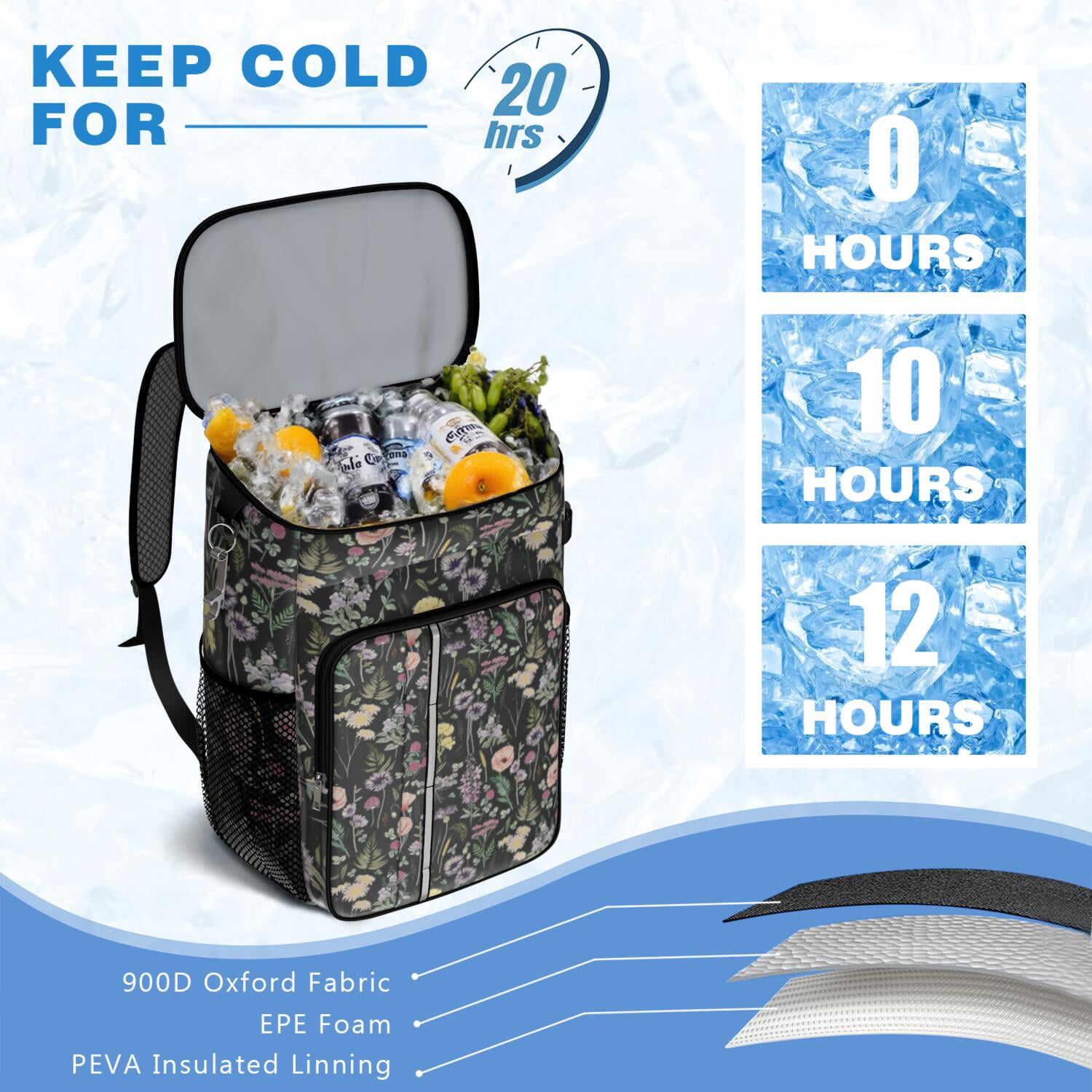 Travel Cooler Bag - Pioneer Flower Floral Print Pattern Camping Beer Cooler Backpack with Bottle Opener- Waterproof Insulated Picnic Backpacks - Cooler Bag for Beach