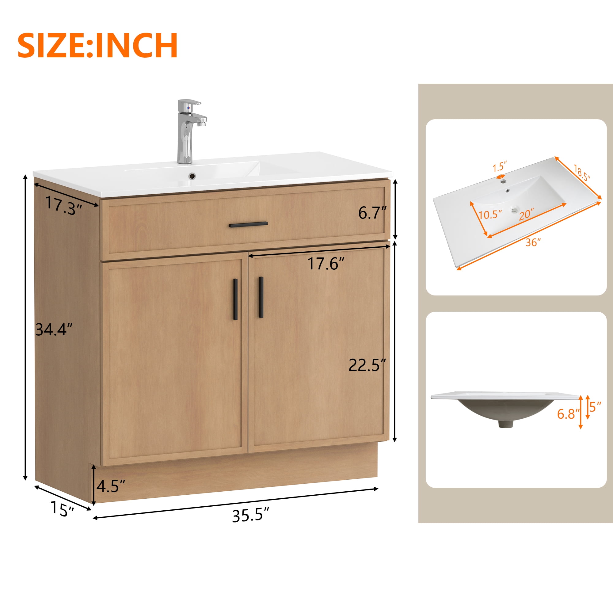 KZElegy 36" Bathroom Vanity Cabinet Freestanding Vanity Storage Cabinet with 2 Soft Closing Doors,Small Edge Style,without Sink
